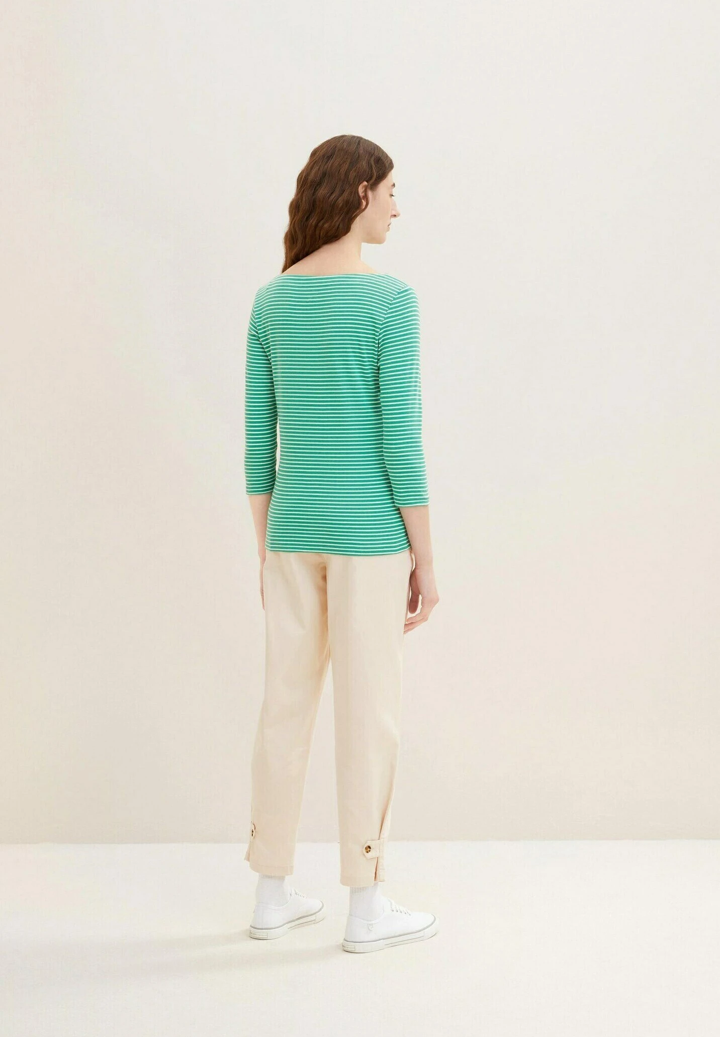 Tom Tailor Gestreiftes Mit 3/4 ArmMaglietta A Manica LungaGreen OffwhiteThin Stripe Donna T-shirt E Top TO221D1HM-M11 5 Tom Tailor Gestreiftes Mit 3/4 ArmMaglietta A Manica LungaGreen OffwhiteThin Stripe Donna T-shirt E Top TO221D1HM-M11 - immagine 3