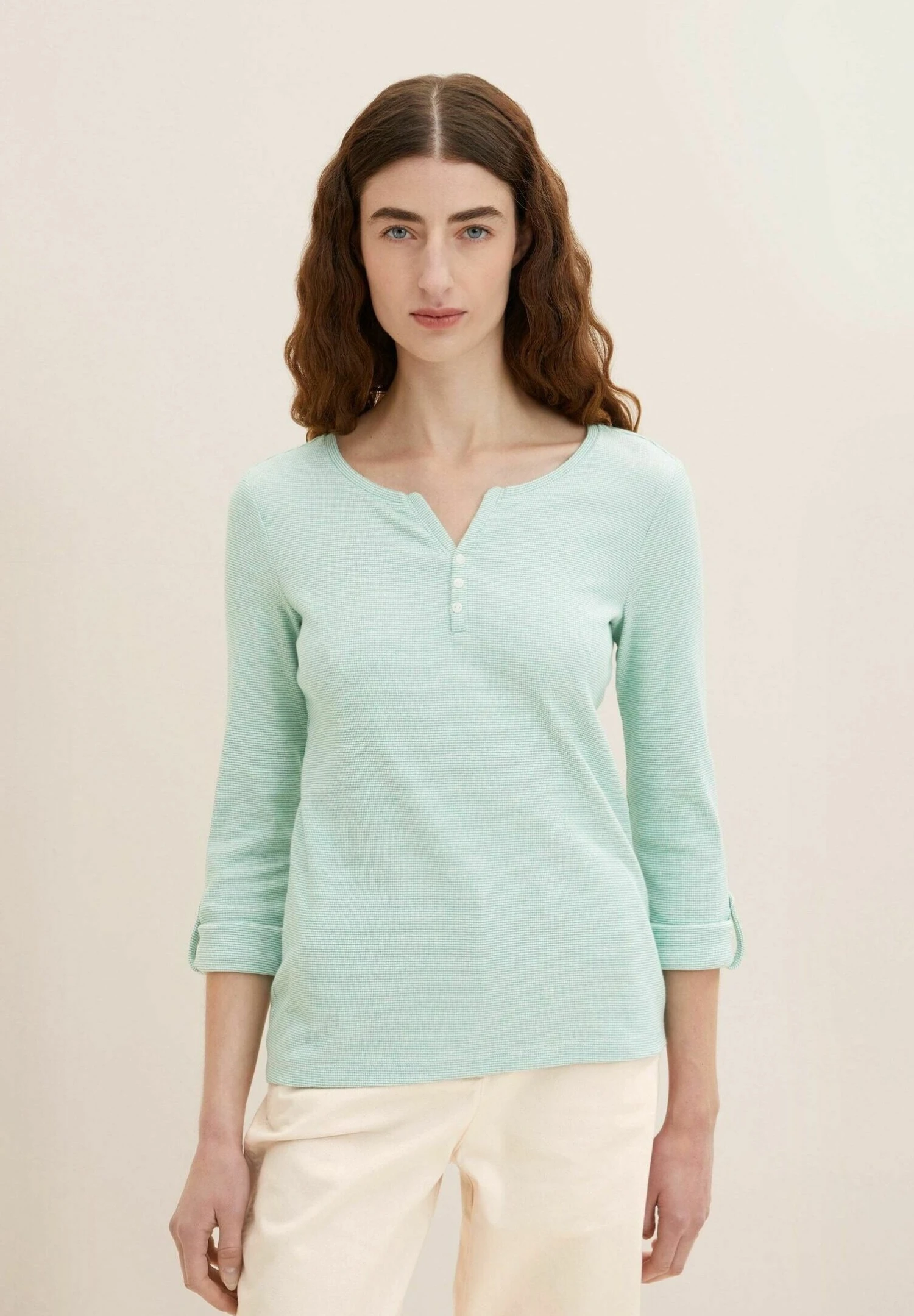 Tom Tailor Longsleeve Stripe HenleyMaglietta A Manica LungaOffwhite Green Stripe Donna T-shirt E Top TO221D152-M12 3 Tom Tailor Longsleeve Stripe HenleyMaglietta A Manica LungaOffwhite Green Stripe Donna T-shirt E Top TO221D152-M12