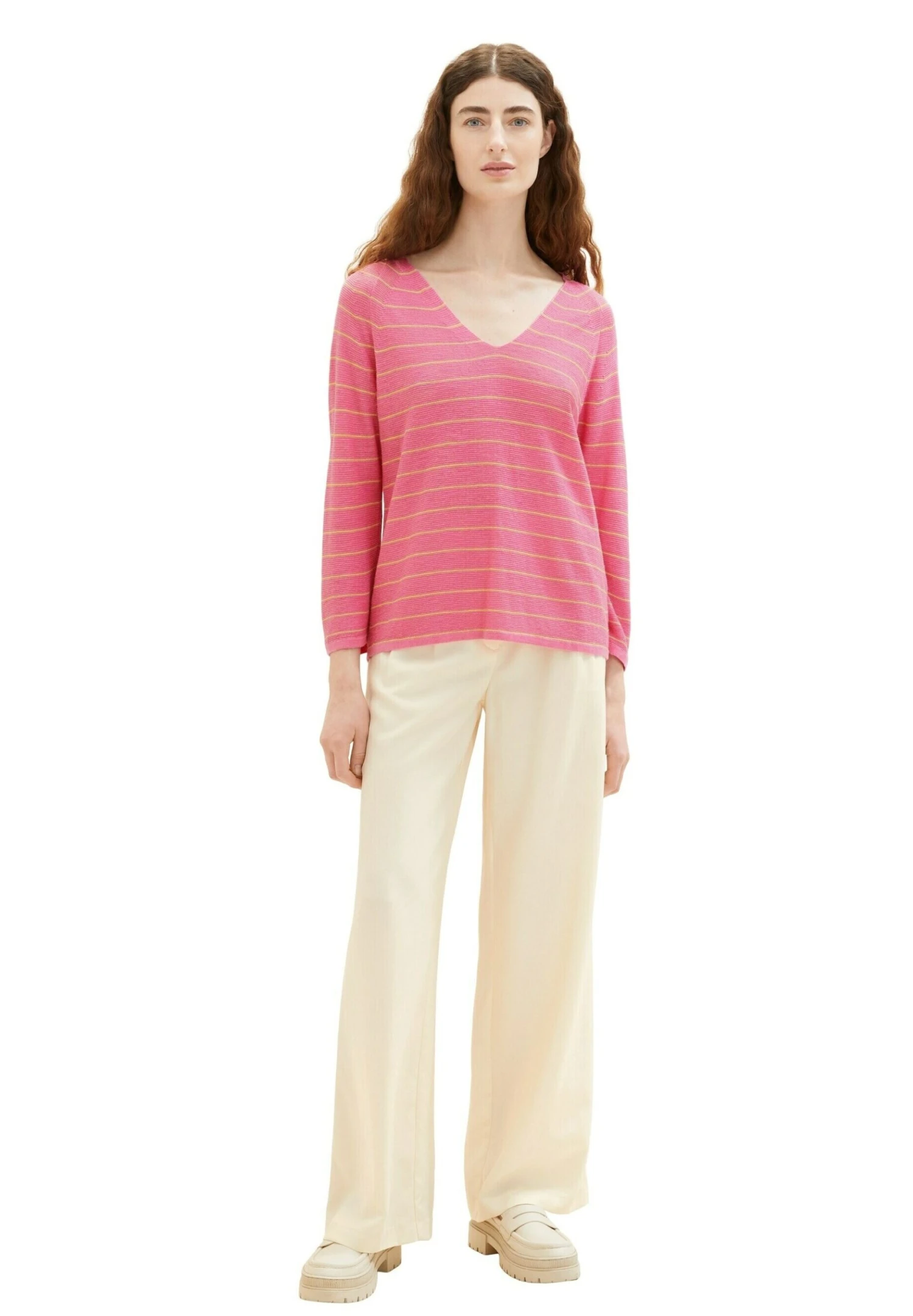 Tom Tailor Mit V AusschnittMaglionePink Sand Stripe Donna Maglieria TO221I0UV-J12 3 Tom Tailor Mit V AusschnittMaglionePink Sand Stripe Donna Maglieria TO221I0UV-J12